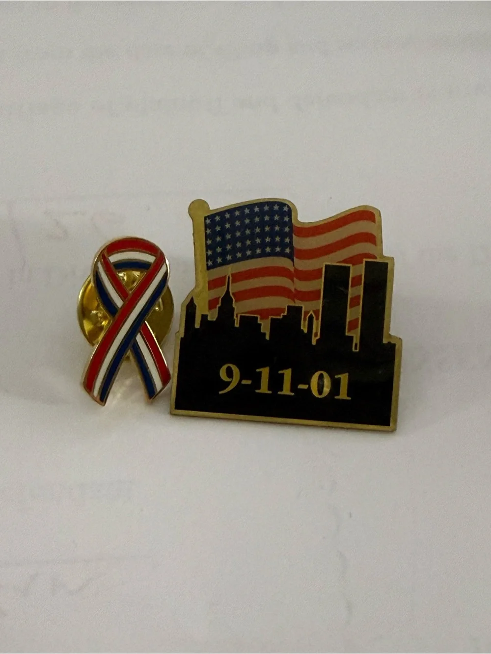 Patriotic 9-11-01 American Flag & Ribbon Lapel Pin Set